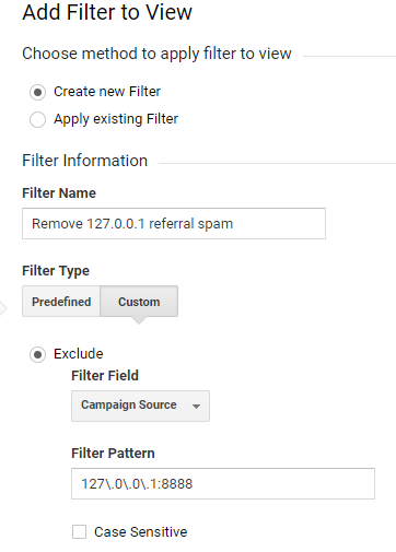 Create a filter to remove referral traffic from 128.0.0.1 8888 - Alpha Digital
