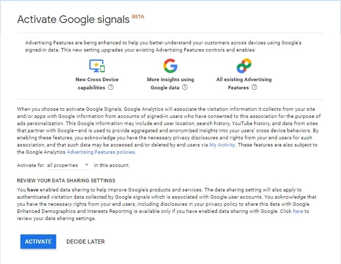The prompt that you click to activate Google signals