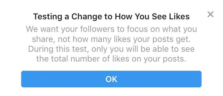 Official instagram notification about the removal of likes