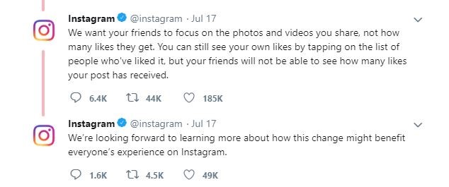 Instagram's official statement on why they removed likes
