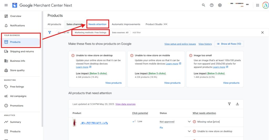 Google Merchant Centre Free Listings Products Needing Attention