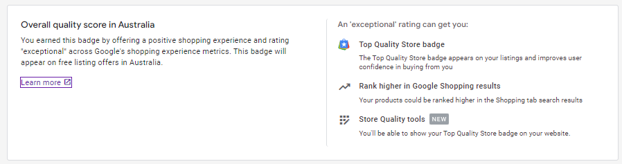 Example of Google Merchant Center's Top Quality Store Badge